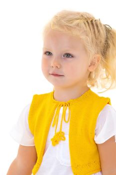 Beautiful little girl close-up. The concept of beauty and fashion, happy childhood. Isolated on white background.