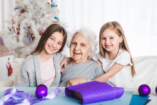 Smiling granddaughters with grandma sitting together at Christmas