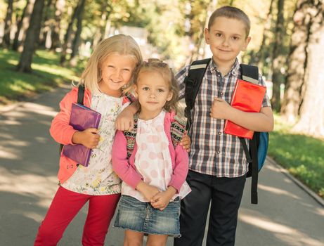 Little pupils ,prepeared to school ,standing in the sunshine park