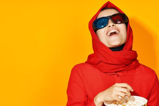 Muslim 3d glasses technology watching movie popcorn isolated background. High quality photo