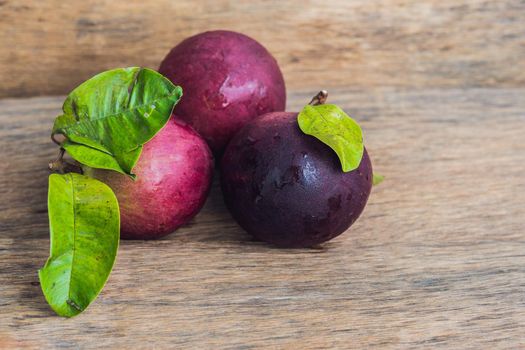 fresh Chrysophyllum cainito fruits on wood background.