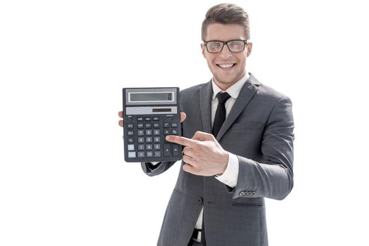 Businessman show calculator with positive value