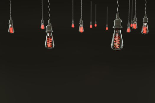 3D render a lot of retro light bulbs on a black background