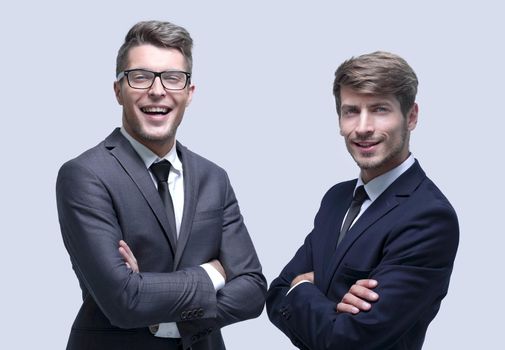 two adult businessman posing back together team portrait