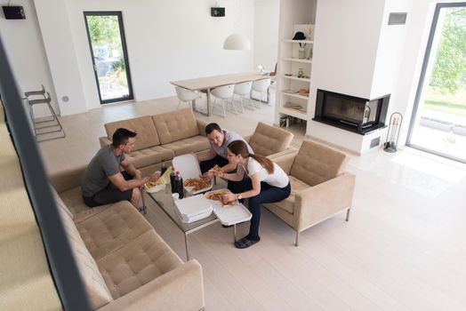 a group of young people cheerfully spending time while eating pizza in their luxury home villa