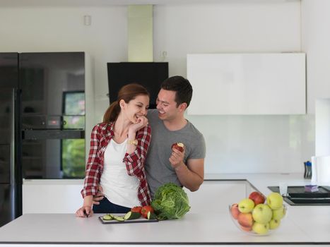 Young handsome couple in the kitchen  beautiful woman preparing a salad while the man eating an apple