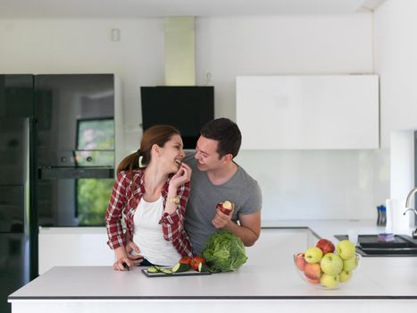 Young handsome couple in the kitchen  beautiful woman preparing a salad while the man eating an apple