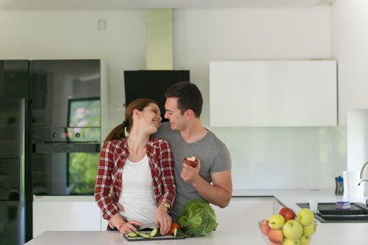 Young handsome couple in the kitchen  beautiful woman preparing a salad while the man eating an apple