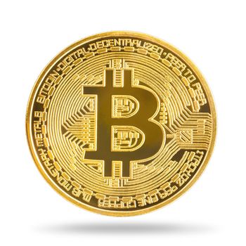 Close up golden bitcoin coin isolated on white background with clipping path