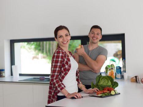 Young handsome couple in the kitchen  beautiful woman preparing a salad while the man eating an apple