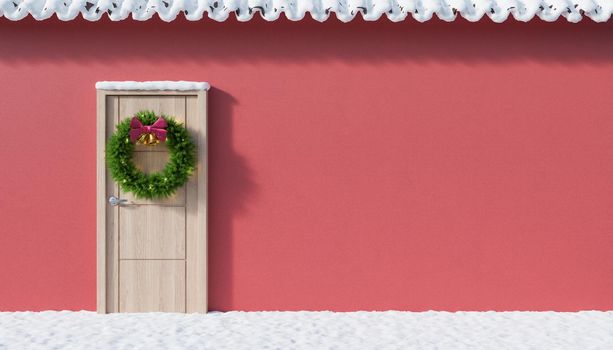 empty facade of a house with snow on the ground and a christmas decorated door. copy space. 3d rendering