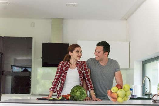 Young handsome couple in the kitchen  beautiful woman preparing a salad while the man eating an apple