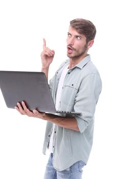 close up. brooding guy with a laptop .isolated on white background