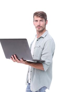 close up.modern young man with laptop .isolated on white background