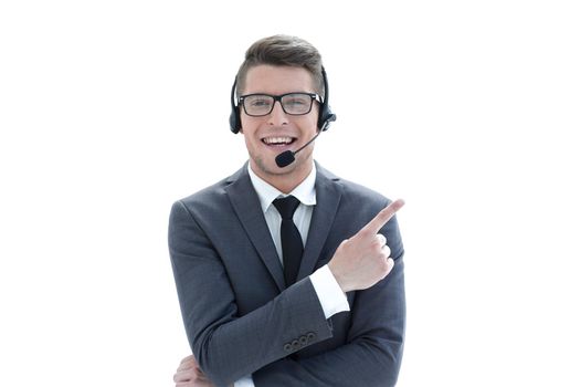 young call center operator is pointing to the side and smiling