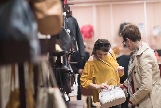 Two Girl-Friends On Shopping Walk On Shopping Centre With Bags And Choosing