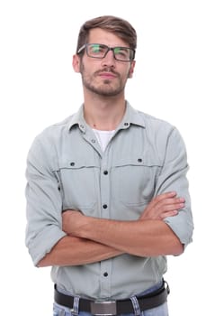 close up.modern young man with glasses .isolated on white background