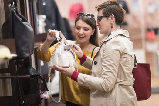 Two Girl-Friends On Shopping Walk On Shopping Centre With Bags And Choosing