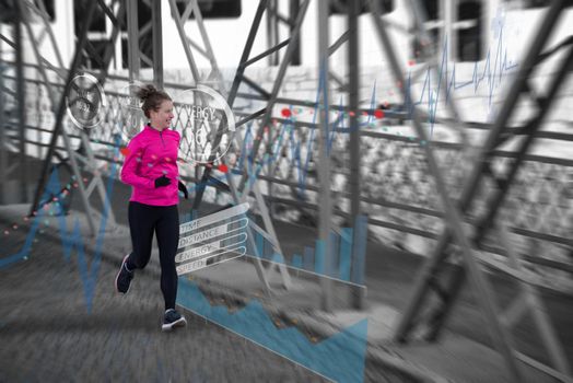 Woman running across the bridge with statistics in background