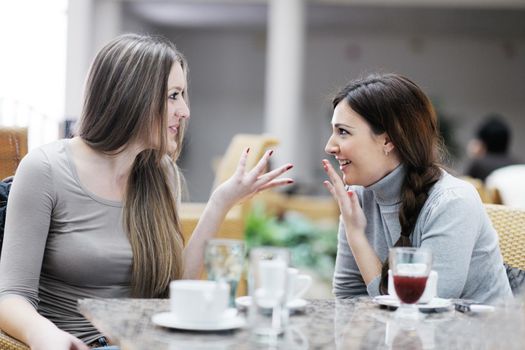 very cute smiling women drinking a coffee sitting inside in cafe restaurant