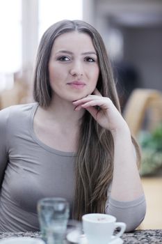 beautiful young woman student portrait while relax on coffee break