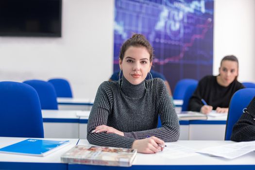 young beautiful female student writing notes in the classroom