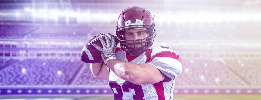 one quarterback american football player throwing ball on big modern stadium field with lights and flares