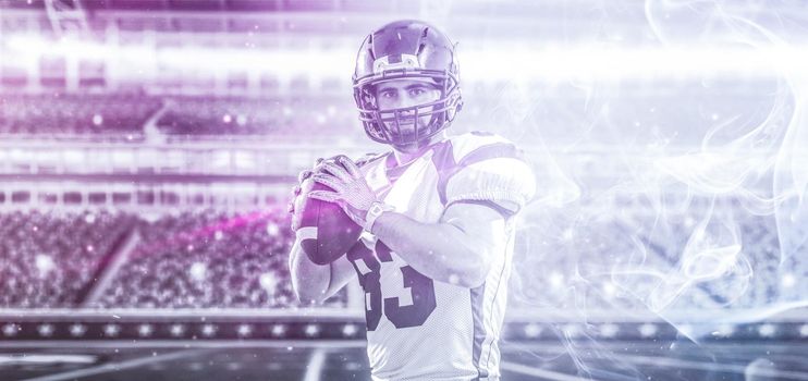 one quarterback american football player throwing ball isolated on big modern stadium field with lights and flares