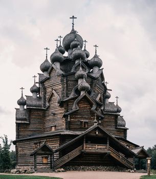 Leningrad region, Vsevolozhsky district, Russia, 29 August 2020: Wooden church on the territory of the ethnopark 'Bogoslovka Estate'. Popular name 'Petersburg Kizhi'.
