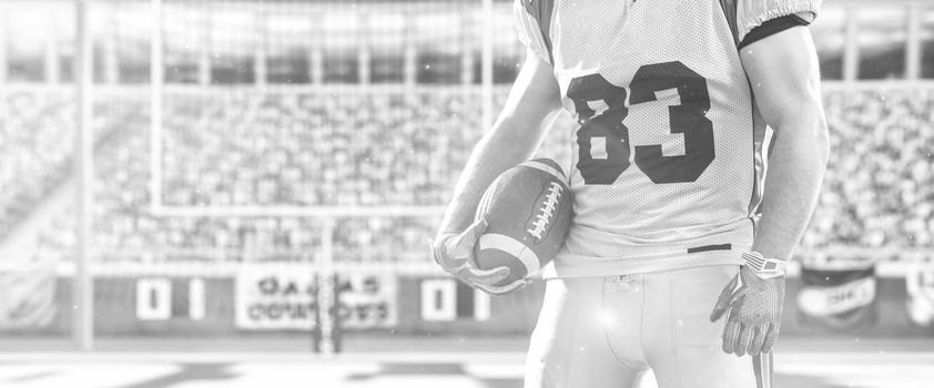 Closeup Portrait of a strong muscular American Football Player on big modern stadium field with lights and flares