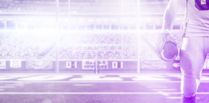 Closeup Portrait of a strong muscular American Football Player on big modern stadium field with lights and flares