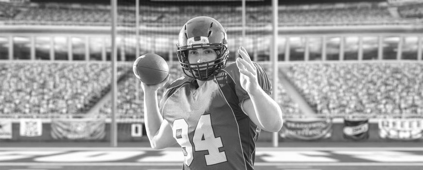 one quarterback american football player throwing ball on big modern stadium with lights and flares