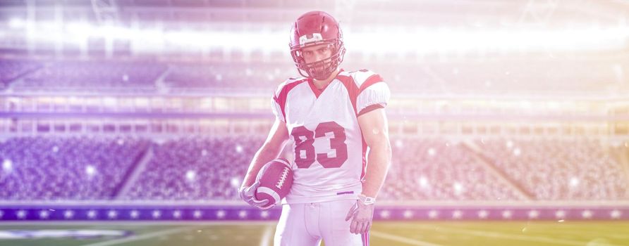 American Football Player isolated on big modern stadium field with lights and flares