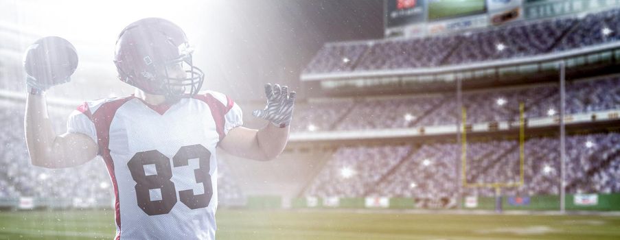 one quarterback american football player throwing ball on big modern stadium field with lights and flares