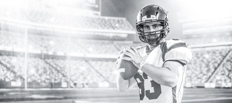 one quarterback american football player throwing ball isolated on big modern stadium field with lights and flares