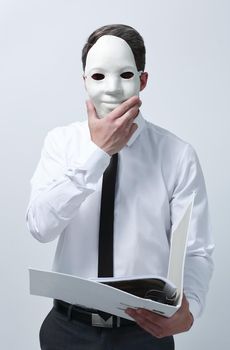 businessman in a mask with clipboard.isolated on light background