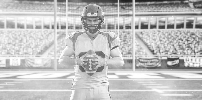 American Football Player isolated on big modern stadium field with lights and flares