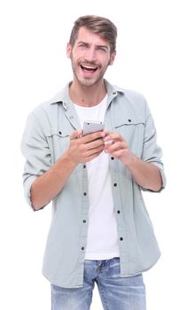 smiling man reading an SMS on the smartphone.isolated on white background