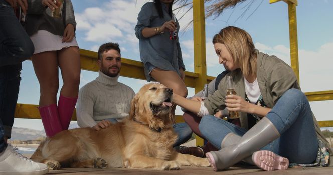 Happy Group Of Friends Hanging Out At Beach House having fun and drinking beer on autumn day