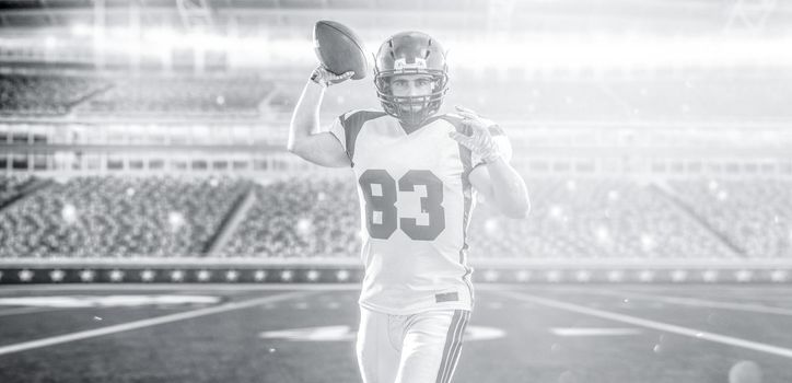 one quarterback american football player throwing ball isolated on big modern stadium field with lights and flares