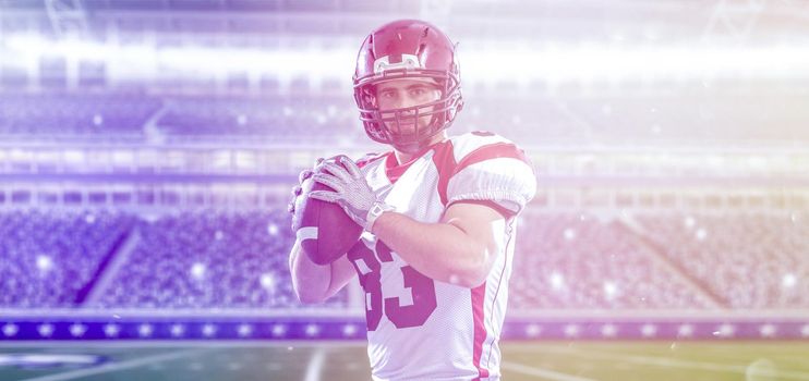 one quarterback american football player throwing ball on big modern stadium field with lights and flares