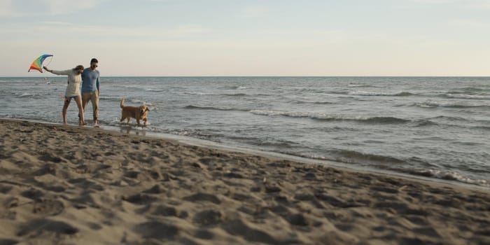 Couple Running On The Beach Holding Their Hands with dog On autmun day