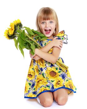 Little girl with a beautiful bouquet of flowers. The concept of holidays, family and children. Isolated on white background.