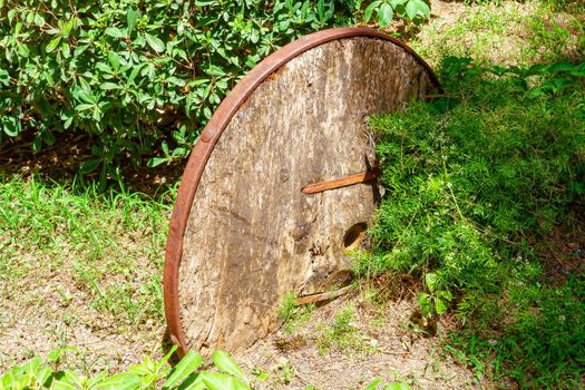 An old, sprawling wooden cart with large wooden wheels. Turkey Kemer.