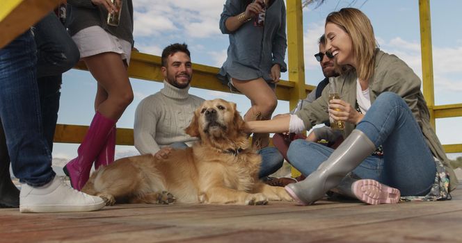 Happy Group Of Friends Hanging Out At Beach House having fun and drinking beer on autumn day