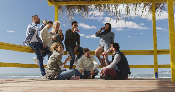 Happy Group Of Friends Hanging Out At Beach House having fun and drinking beer on autumn day