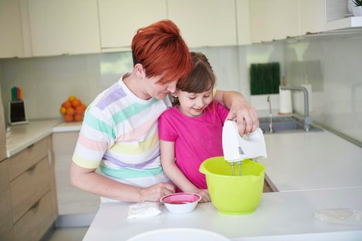 Happy family in the kitchen playing games and learning to cooking while staying at home during coronavirus covid-19 pandemic isolation. Mother and child daughter preparing the cake and cookies.