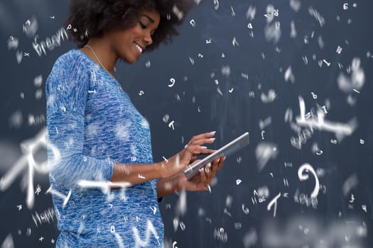 Young Happy African American Woman Using Digital Tablet  Isolated on a gray background