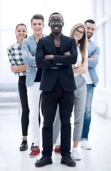 handsome smiling businessman african american man in a stylish suit and european partner successful multiracial business men and female perspon