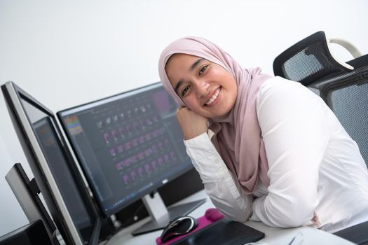 Female Arabic creative professional working at the home office on a desktop computer with dual screen monitor top view. Selective focus. High quality photo
